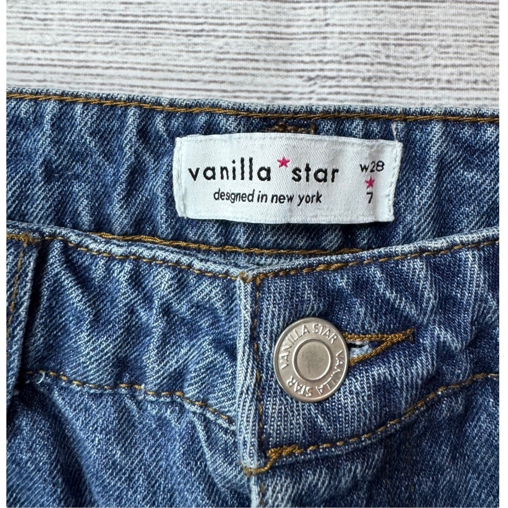 Vanilla Star High Waisted Distressed Straight Leg Jeans Blue Button Fly Size 7 - Picture 6 of 12